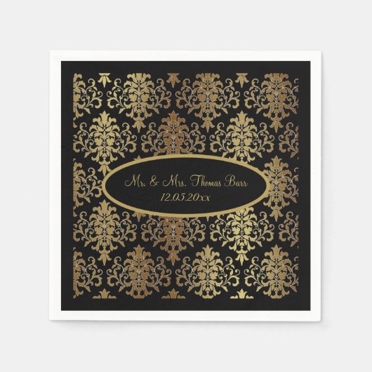 Gold Damask Black Script Wedding Elegant Serviette (Vorderseite)
