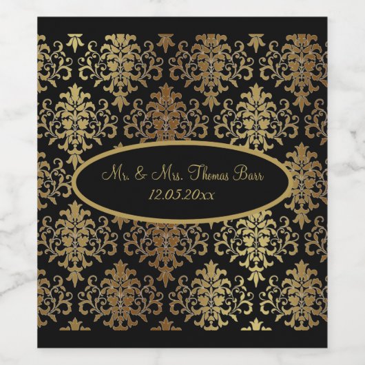 Gold Damask Black Script Wedding Elegant Weinetikett (Einzelnes Label)