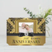 Gold Damask Bow Foto 50. Hochzeitstag 3 Einladung (Stehend Vorderseite)
