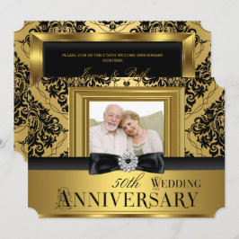 Gold Damask Bow Foto 50. Hochzeitstag 3 Einladung