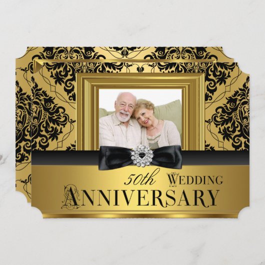 Gold Damask Bow Foto 50. Hochzeitstag 3 Einladung (Vorne/Hinten)