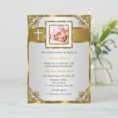 Gold Damask Cross Foto Taufe Christening 2 Einladung (Stehend Vorderseite)