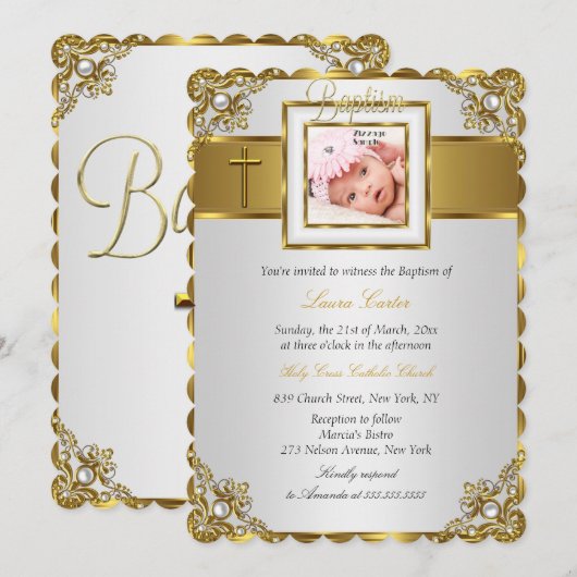 Gold Damask Cross Foto Taufe Christening Einladung (Vorne/Hinten)
