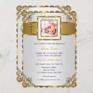 Gold Damask Cross Foto Taufe Christening Einladung