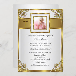 Gold Damask & Cross Foto Taufe/Christening Einladung