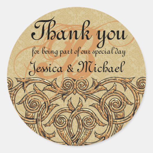 Gold Damask Custom Monogram Gastgeschenk Hochzeit  Runder Aufkleber (Vorderseite)
