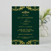 Gold Damask Emerald Quinceanera 15. Geburtstag Folieneinladung (Stehend vorne)
