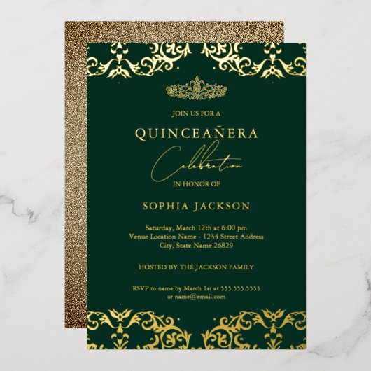Gold Damask Emerald Quinceanera 15. Geburtstag Folieneinladung (Vorderseite/Rückseite)