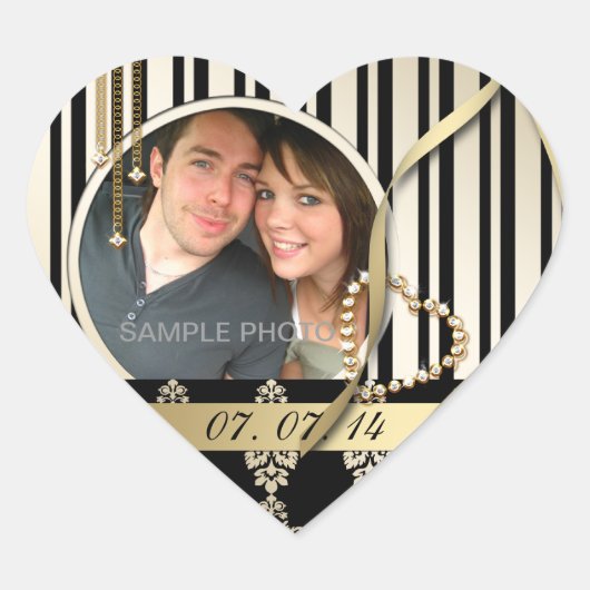 Gold Damask Foto Save the Date Labels Herzform Herz-Aufkleber (Vorderseite)
