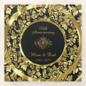 Gold Damask im schwarzen Hintergrund 50 Jahre alt Glasuntersetzer (Vorderseite)