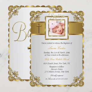 Gold-Damask-Kreuz-Foto-Taufe Einladung