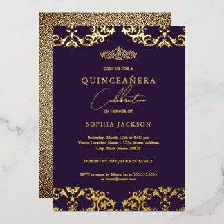 Gold Damask Lila Quinceanera 15. Geburtstag Folieneinladung