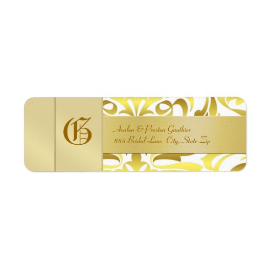 Gold Damask Monogram Gold Wedeladresse Label (Vorne)