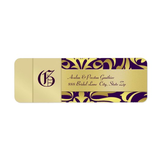 Gold Damask Monogram Lila Hochzeitadresse (Vorne)