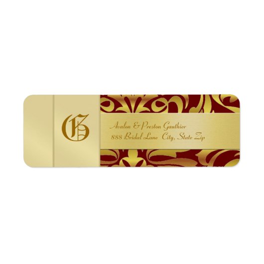Gold Damask Monogram Red Wedding Address Label (Vorne)