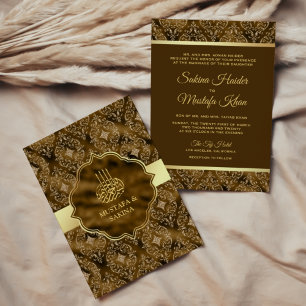 Gold Damask Moss Brown Islamic Muslim Wedding Einladung