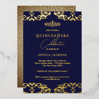 Gold Damask Navy Quinceanera 15. Geburtstag Folieneinladung