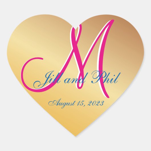 Gold Damask Orange Yellow 3D Monogram Herz-Aufkleber (Vorderseite)