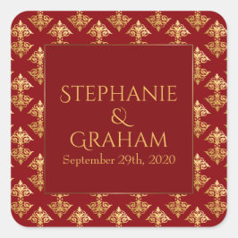 Gold Damask Red Wedding Quadratischer Aufkleber