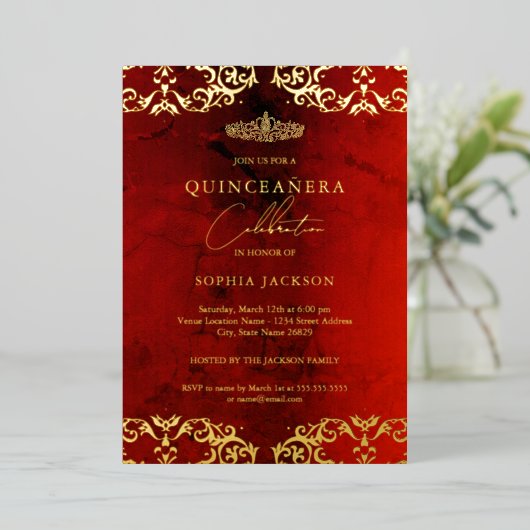 Gold Damask Ruby Red Quinceanera 15. Folieneinladung (Stehend vorne)