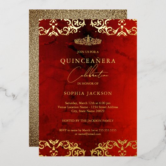 Gold Damask Ruby Red Quinceanera 15. Folieneinladung (Vorderseite/Rückseite)