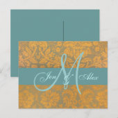 Gold Damask Save the Date Postkarte | Blau (Vorne/Hinten)