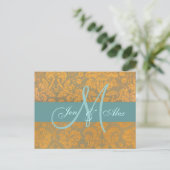Gold Damask Save the Date Postkarte | Blau (Stehend Vorderseite)