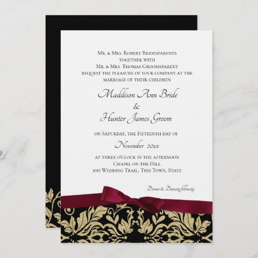 Gold Damask und Burgund Bow Wedding Einladung (Vorne/Hinten)