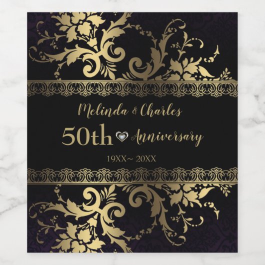 Gold Damask und Hochzeitsjubiläum Weinetikett (Einzelnes Label)
