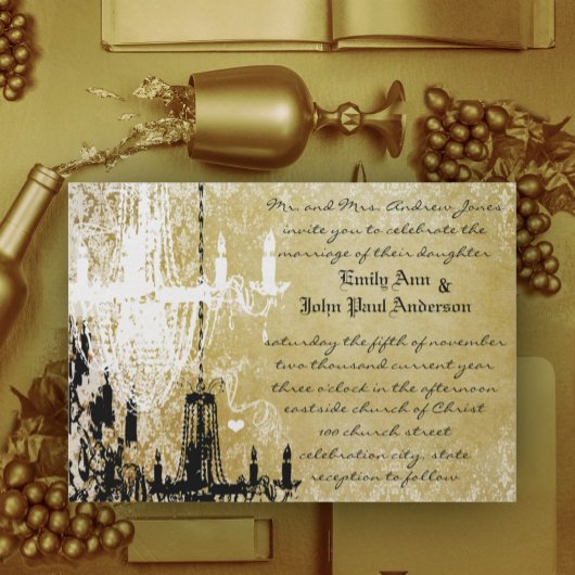 Gold Damask Vintage Chandelier Wedding Invitation Einladung