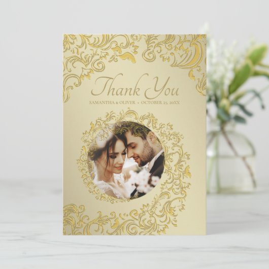 Gold Damask Wedding Vielen Dank Foto Card Dankeskarte (Stehend Vorderseite)