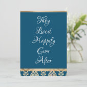 Gold Damask White Script Blue Happiy Ever Wedding Dankeskarte (Stehend Vorderseite)