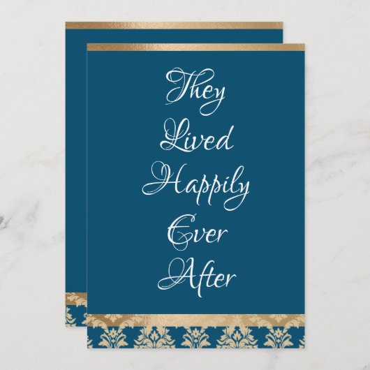 Gold Damask White Script Blue Happiy Ever Wedding Dankeskarte (Vorne/Hinten)
