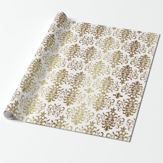 Gold Damask White Script Elegant Geschenkpapier (Ungerollt)