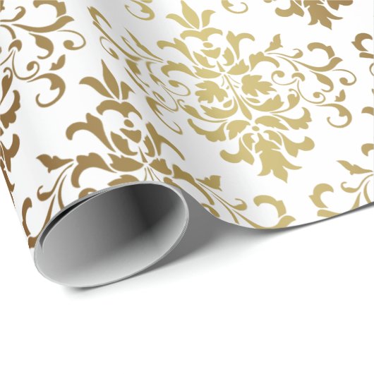Gold Damask White Script Elegant Geschenkpapier (Rolleneckpunkt)