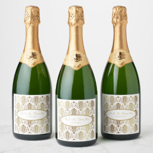 Gold Damask White Script Wedding Elegant Schaumweinetikett