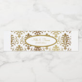 Gold Damask White Script Wedding Elegant Wasserflaschenetikett (Einzelnes Label)