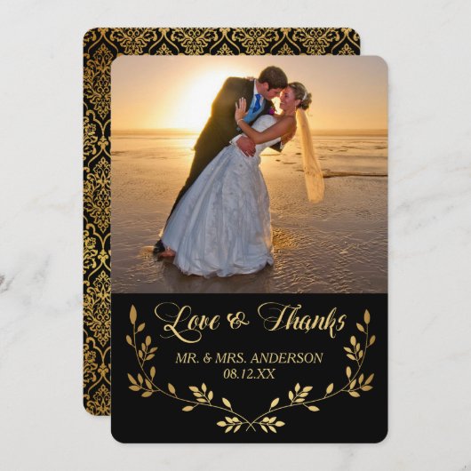 Gold Damask Wreath Foto Hochzeit Vielen Dank Dankeskarte (Vorne/Hinten)