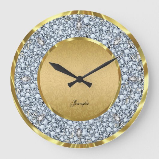 Gold Damaskus & Sparkling Diamonds Glitzer Monogra Große Wanduhr (Vorderseite)