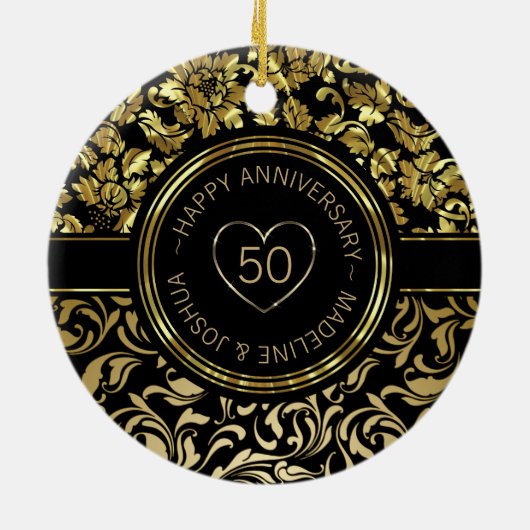 Gold Damaskus und Gold - Schwarze Herzen Keramik Ornament (Hinten)