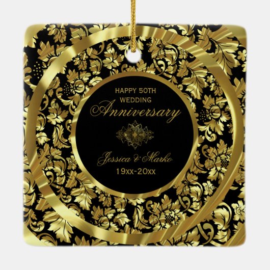 Gold Damaskus und schwarzer Hintergrund 50 Jahre a Keramikornament (Rückseite)