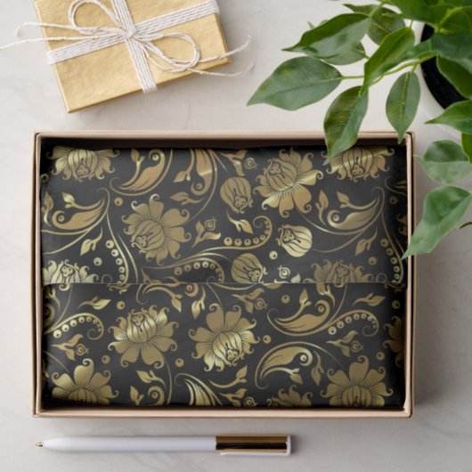 Gold Damaskus und schwarzer Hintergrund Seidenpapier (Geschenk)