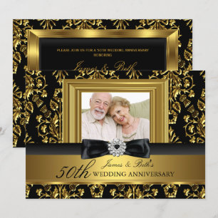 Gold Damast & Schleife Foto 50. Hochzeitstag Einladung