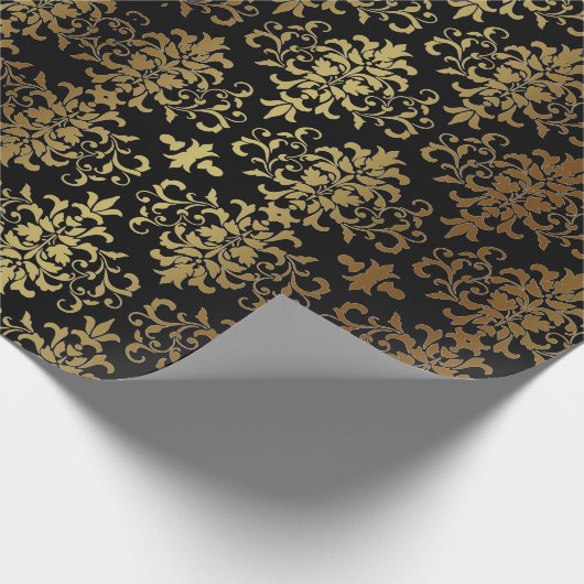 Gold Damast Schwarze Schrift Elegant Geschenkpapier (Ecke)
