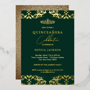 Gold Damast Smaragd Quinceanera 15. Geburtstag Folieneinladung