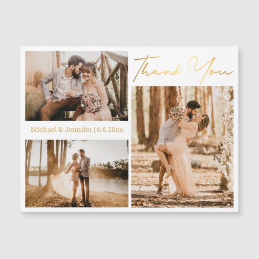 gold danke 3 Fotos Collage Hochzeitsmagnet Magnetkarte (Vorderseite)
