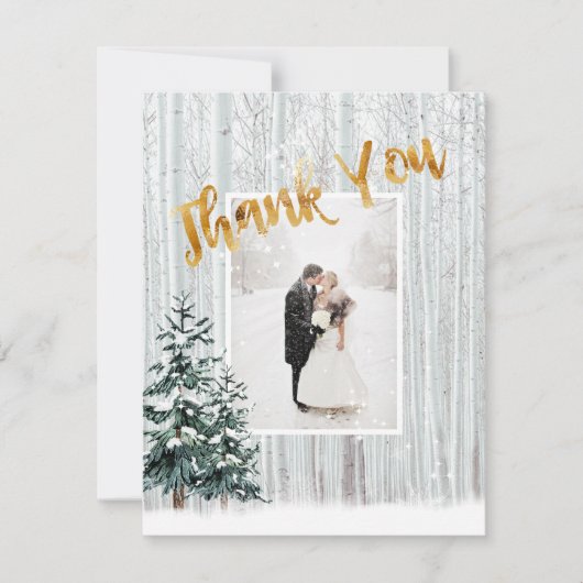 Gold Danke, Winter Wedding Snow Pine Trees Einladung (Vorderseite)