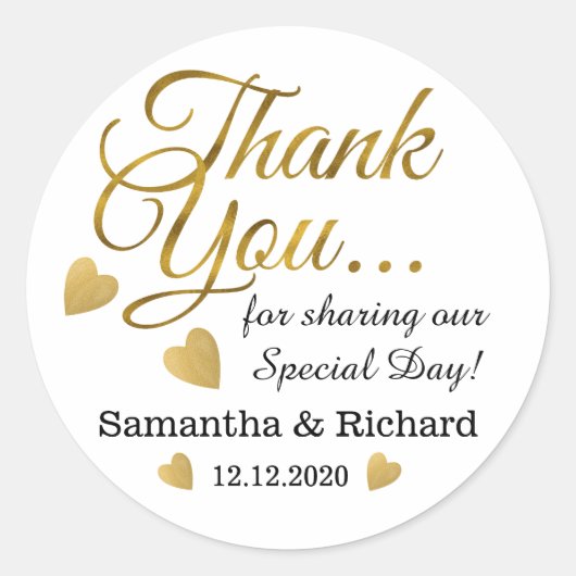 Gold Dankeschön Gastgeschenk Hochzeit Runder Aufkleber (Vorderseite)