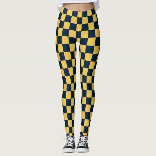 Gold & Dark Blue Karo handgezogene Pastellfarben b Leggings (Vorderseite)