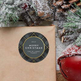 Gold & Dark Green Tartan Kariert Frohe Weihnachten Runder Aufkleber